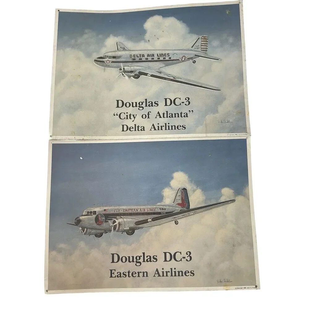 2 Vintage Douglas DC-3 Delta Eastern Airlines Metal Sign Set John Ficklen 1990